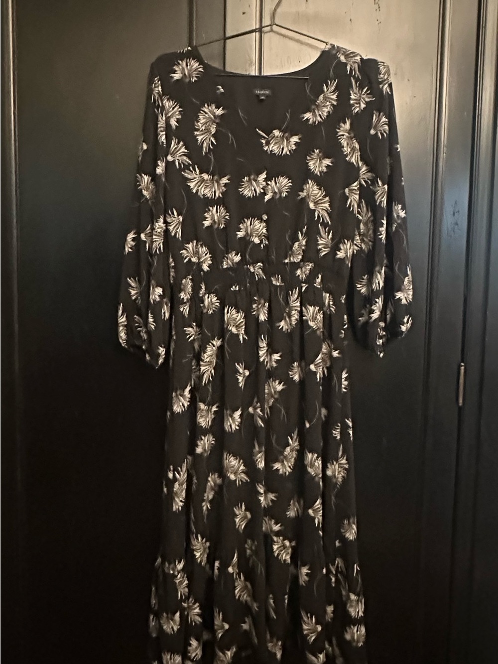 Talbots Black Long-Sleeve Floral Midi Dress with Cream Print